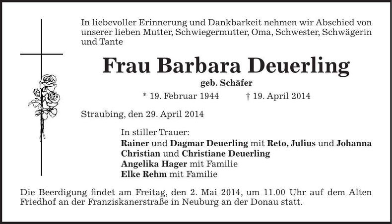 Traueranzeige Barbara Deuerling