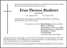 Traueranzeige Therese Riederer