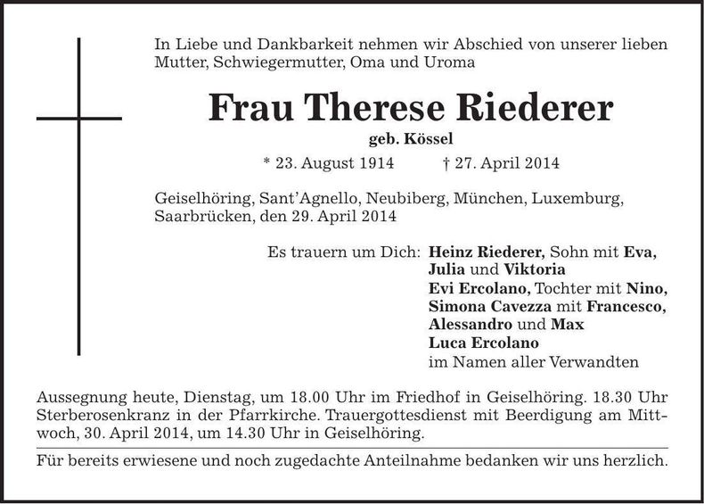 Traueranzeige Therese Riederer