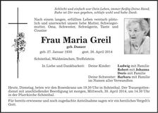 Traueranzeige Maria Greil