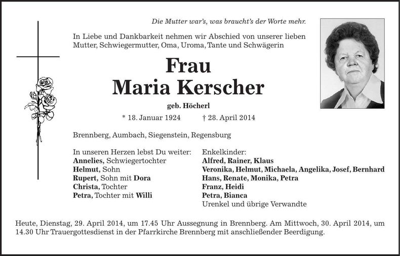 Traueranzeige Kerscher Maria