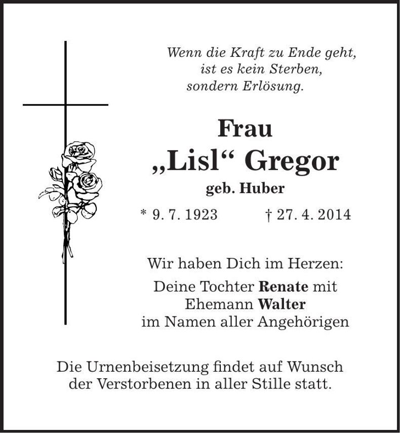 Traueranzeige Lisl Gregor