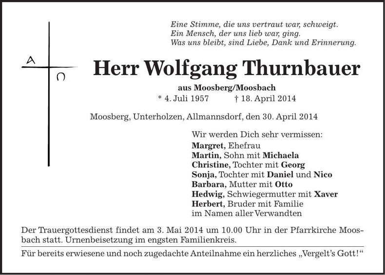 Traueranzeige Wolfgang Thurnbauer