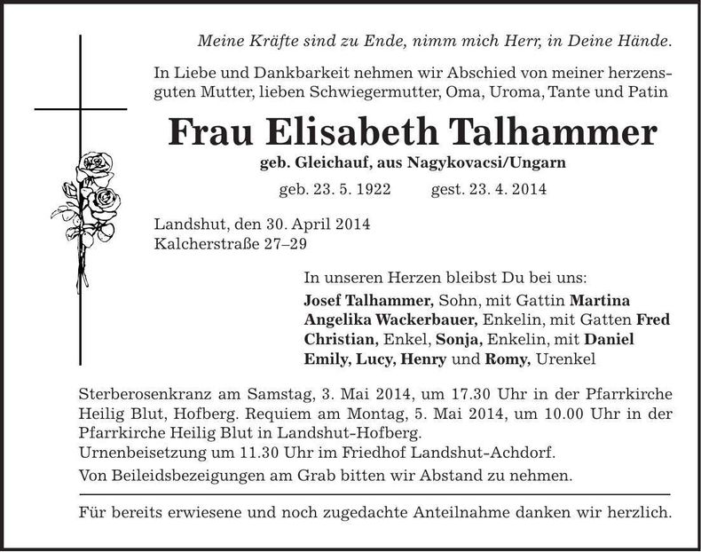 Traueranzeige Elisabeth Talhammer
