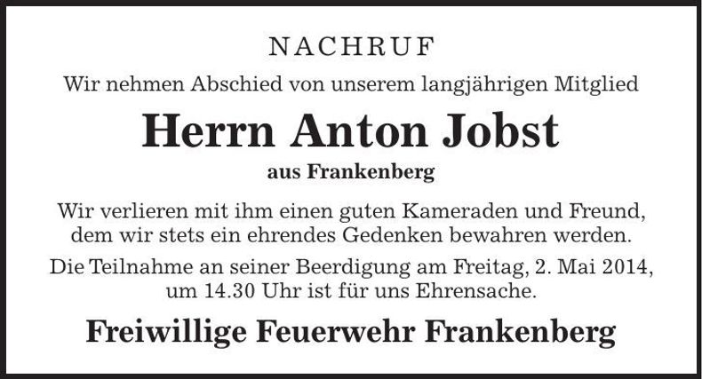 Traueranzeige Anton Jobst