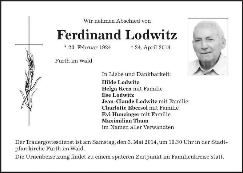 Traueranzeige Ferdinand Lodwitz