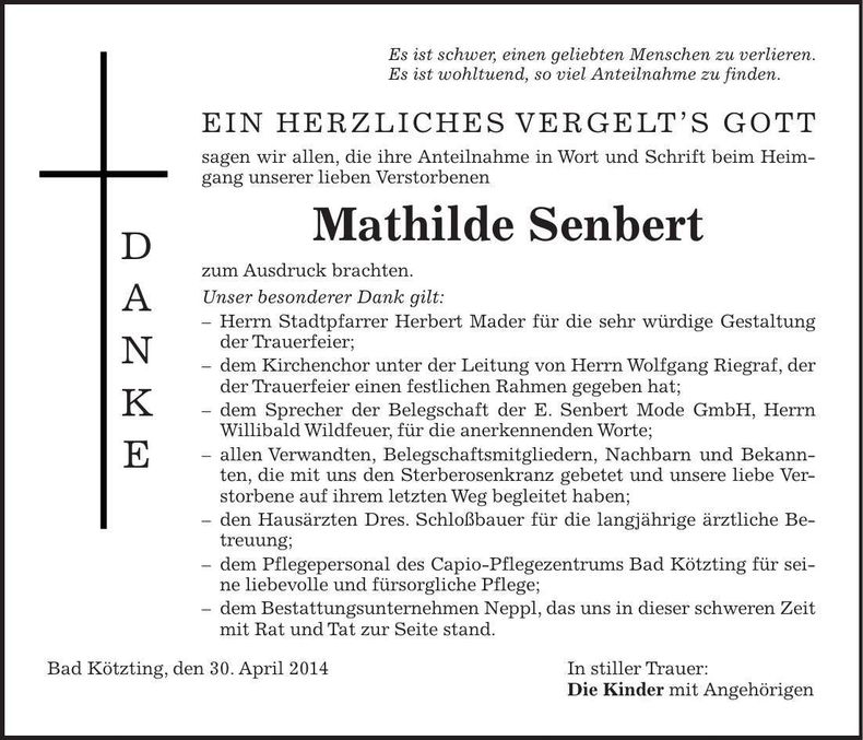 Traueranzeige Mathilde Senbert