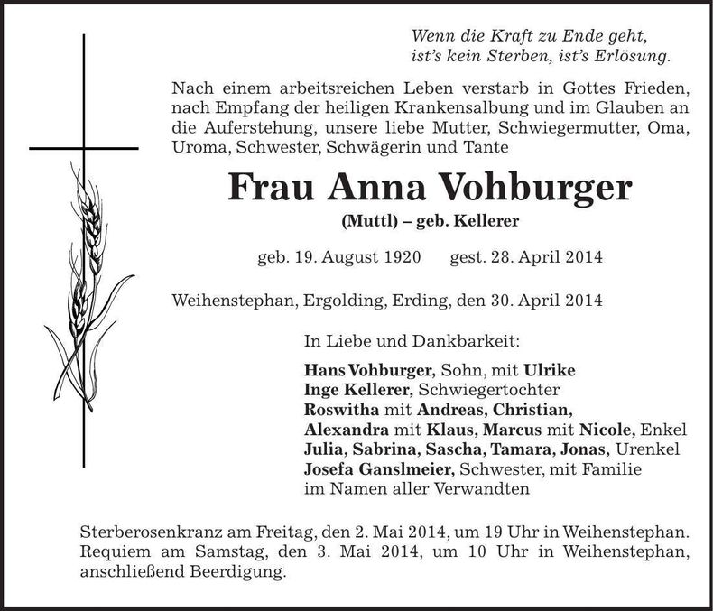 Traueranzeige Anna Vohburger
