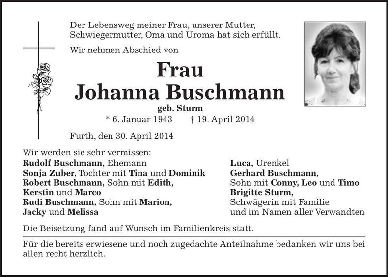 Traueranzeige Johanna Buschmann