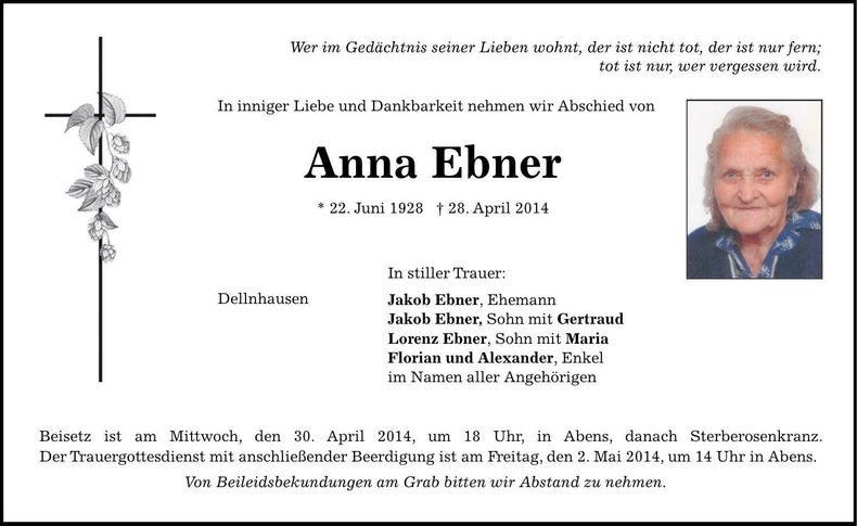 Traueranzeige Anna Ebner