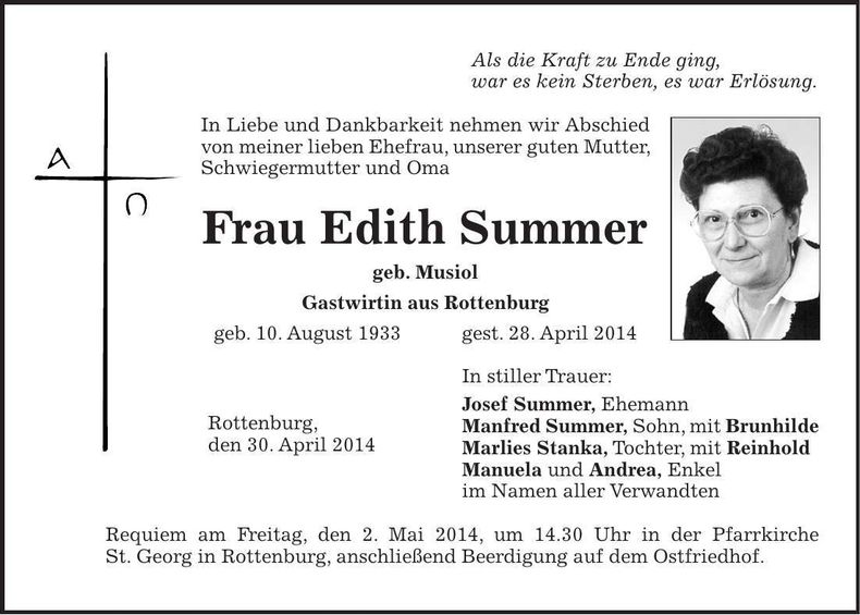 Traueranzeige Edith Summer