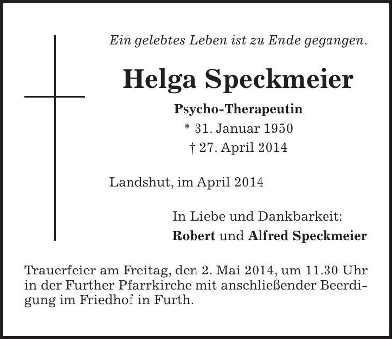 Traueranzeige Helga Speckmeier