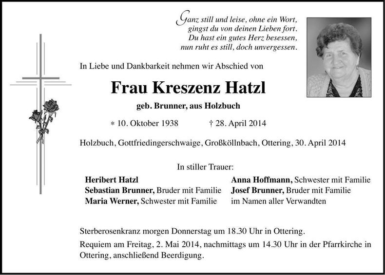 Traueranzeige Kreszenz Hatzl