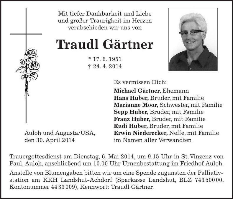 Traueranzeige Traudl Gärtner