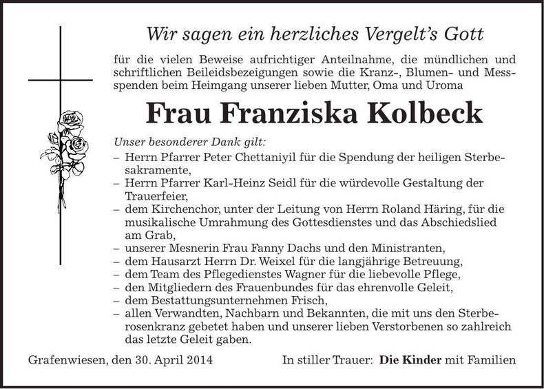 Traueranzeige Franziska Kolbeck