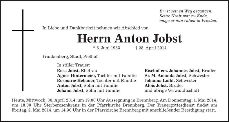Traueranzeige Anton Jobst
