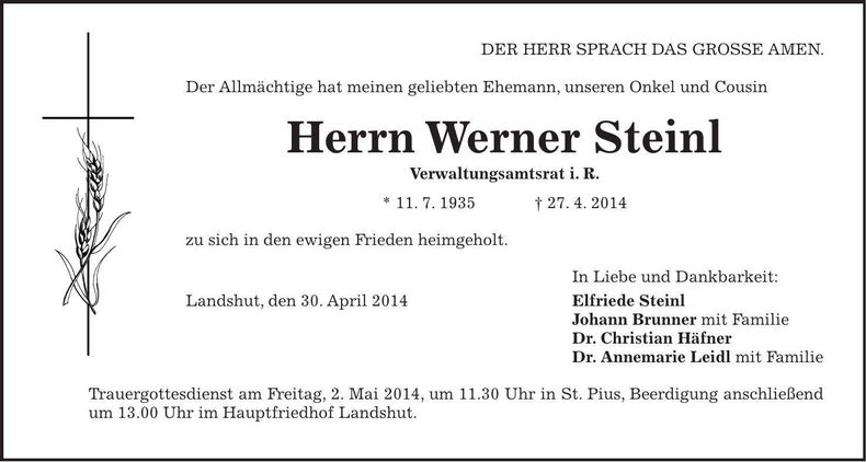 Traueranzeige Werner Steinl