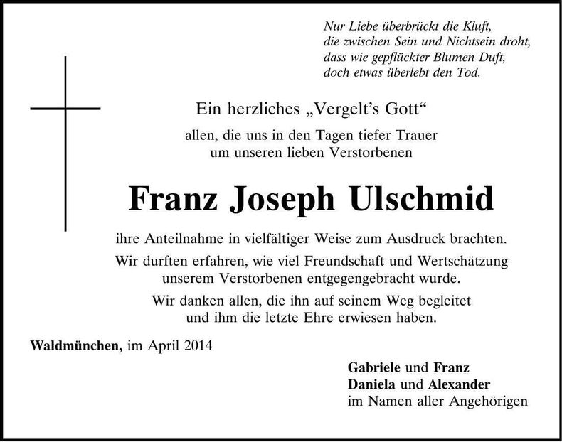 Traueranzeige Franz Joseph Ulschmid