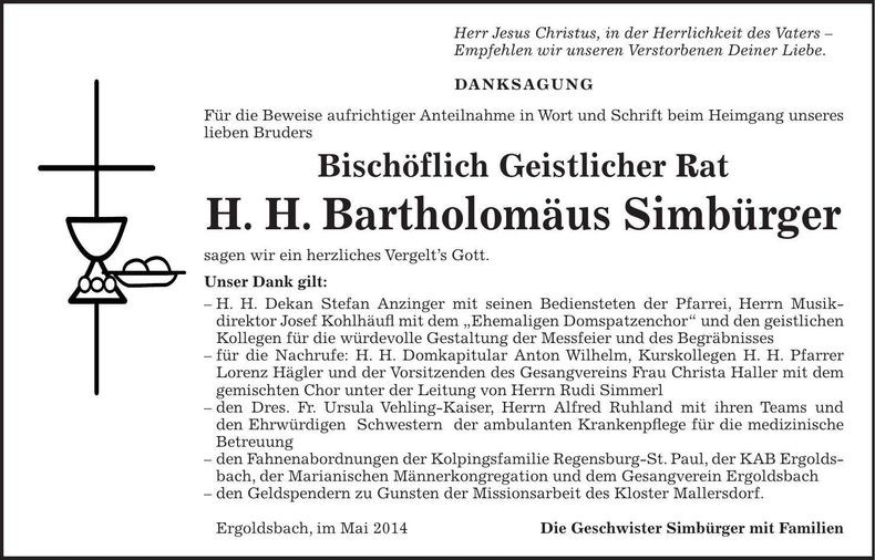 Traueranzeige Bartholomäus Simbürger