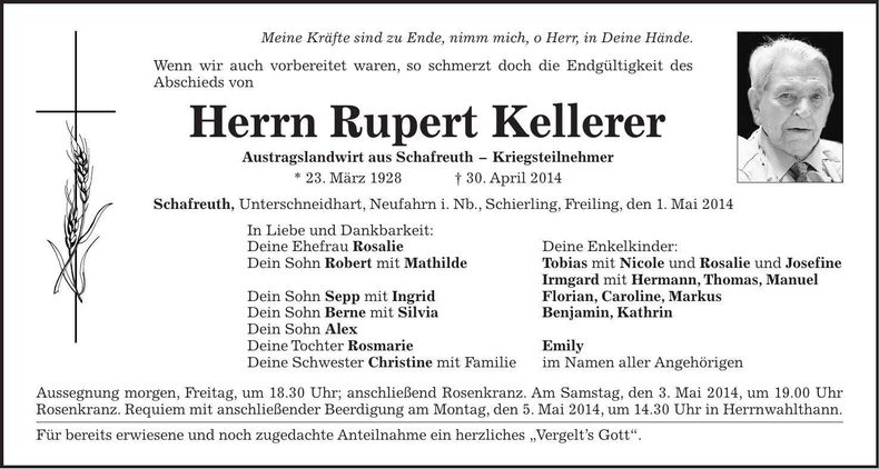 Traueranzeige Rupert Kellerer