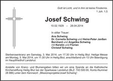 Traueranzeige Josef Schwing