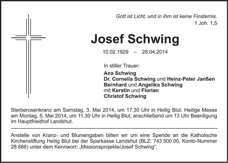 Traueranzeige Josef Schwing