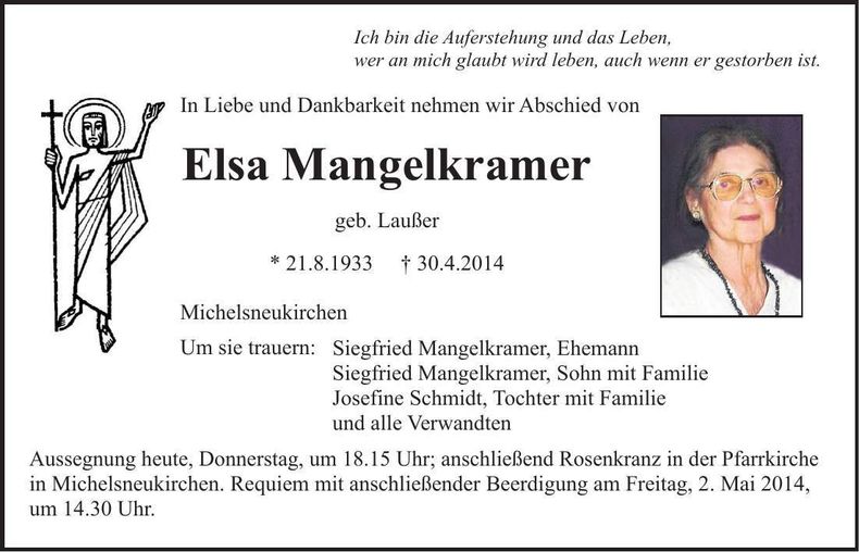 Traueranzeige Elsa Mangelkramer