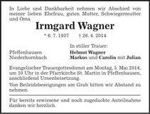 Traueranzeige Irmgard Wagner