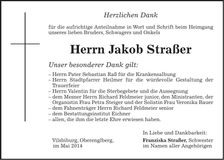 Traueranzeige Jakob Straßer