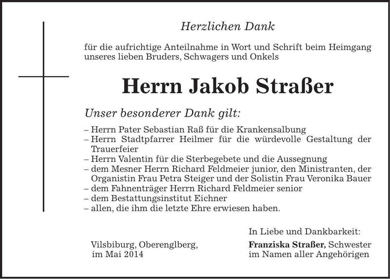 Traueranzeige Jakob Straßer