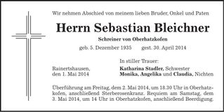Traueranzeige Sebastian Bleichner