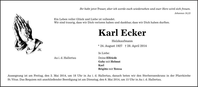 Traueranzeige Karl Ecker
