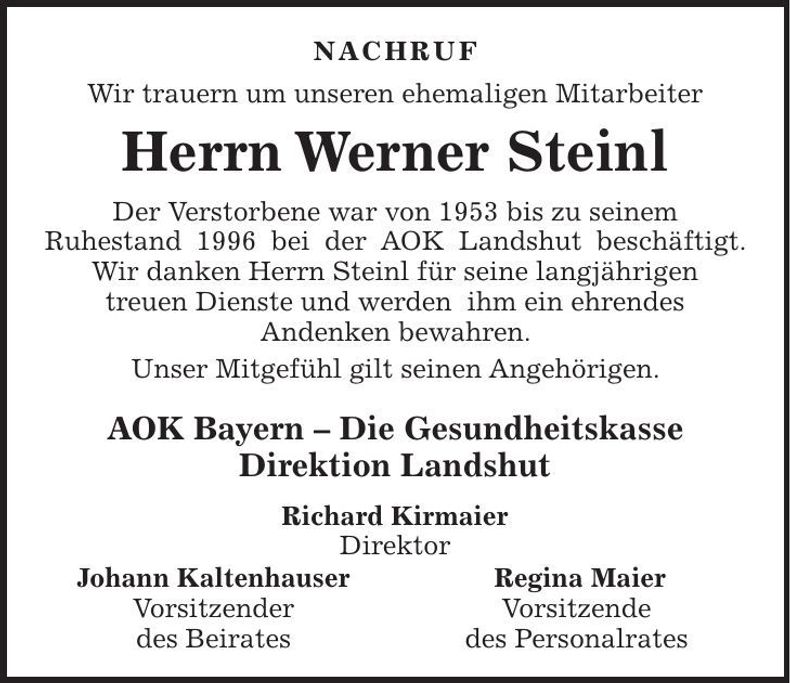 Traueranzeige Werner Steinl