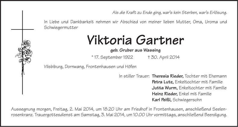 Traueranzeige Gartner Victoria