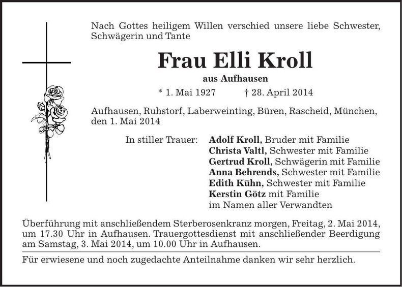 Traueranzeige Elli Kroll