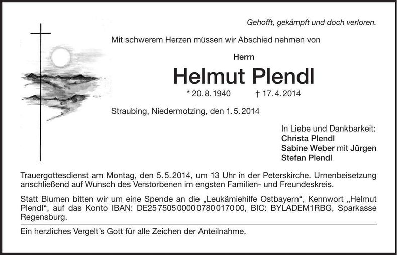 Traueranzeige Helmut Plendl
