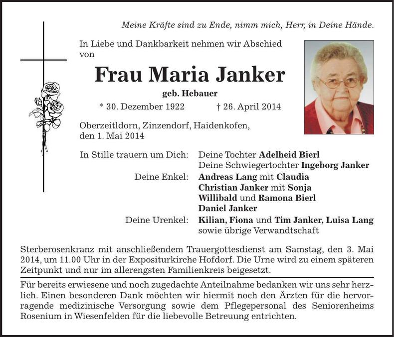 Traueranzeige Maria Janker