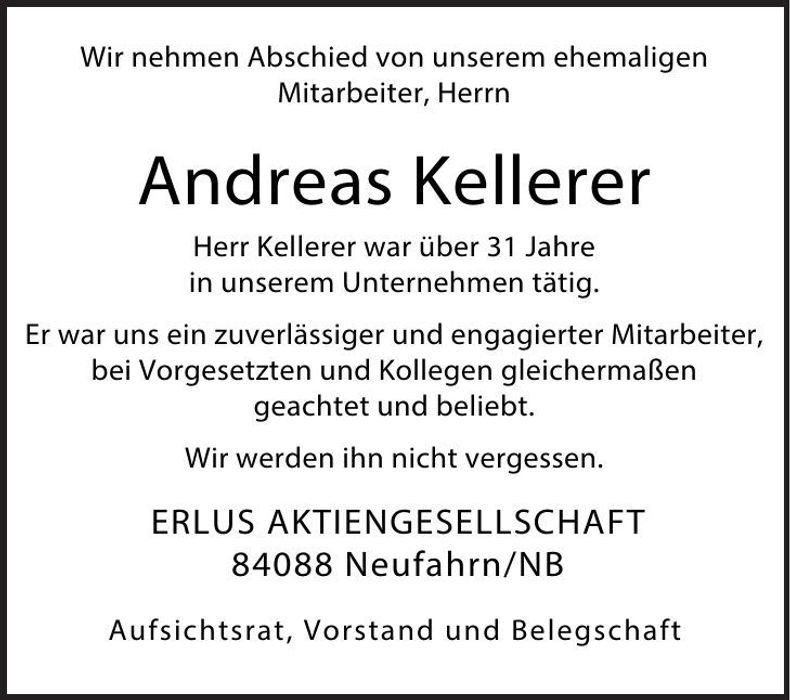 Traueranzeige Andreas Kellerer