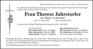 Traueranzeige Therese Jahrstorfer
