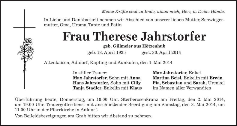 Traueranzeige Therese Jahrstorfer