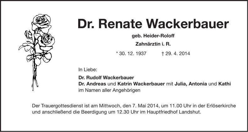 Traueranzeige Renate Wackerbauer