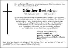 Traueranzeige Günther Beetschen
