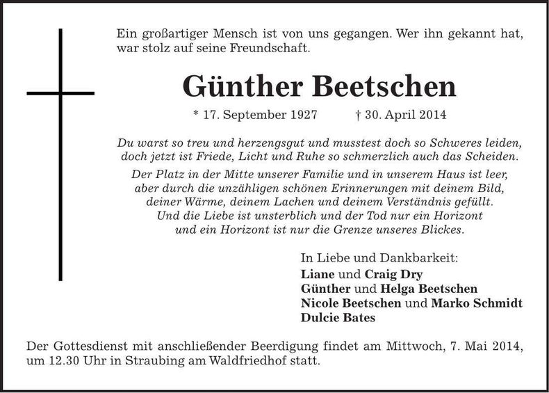 Traueranzeige Günther Beetschen
