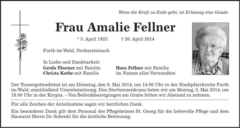 Traueranzeige Amalie Fellner