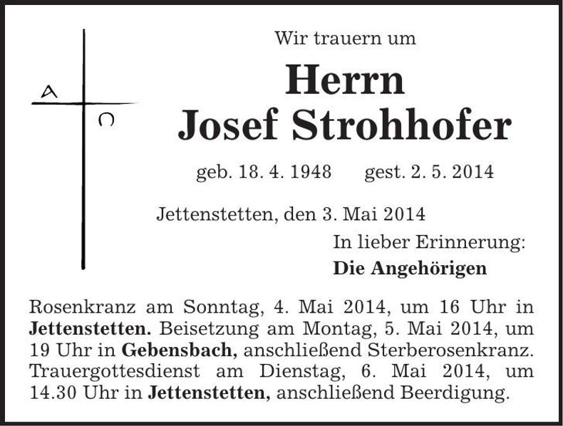 Traueranzeige Josef Strohhofer