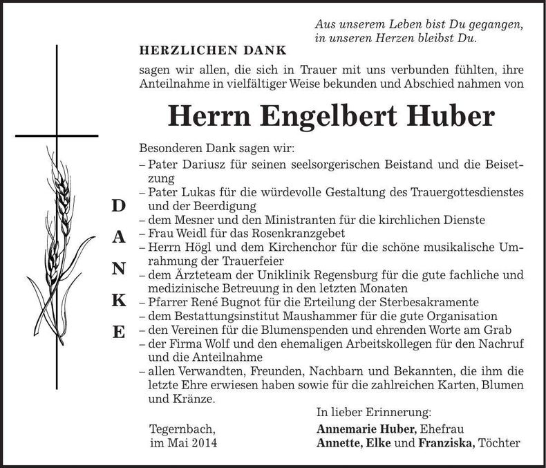 Traueranzeige Engelbert Huber