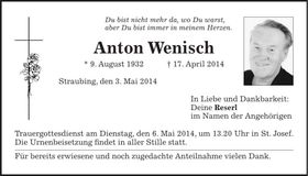 Traueranzeige Anton Wenisch