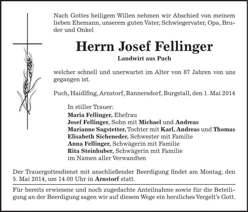 Traueranzeige Josef Fellinger