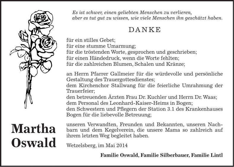 Traueranzeige Martha Oswald