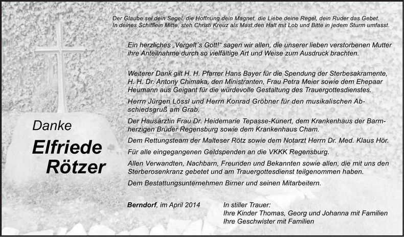 Traueranzeige Elfriede Rötzer